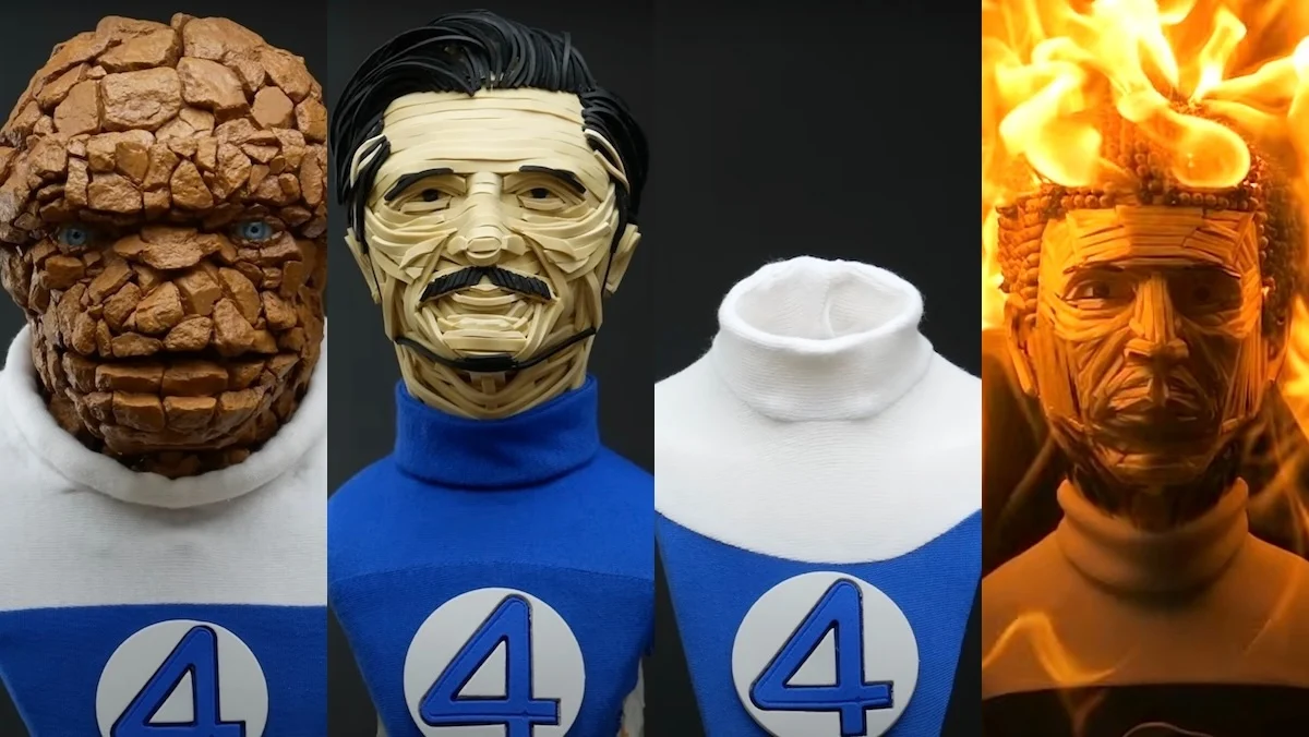 Four busts of The Fantastic Four from First Steps with each made using materials of their power