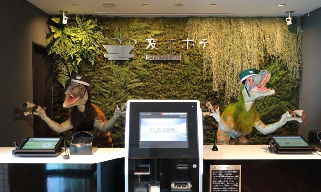 Robotic dinosaurs staff the Henn na hotel in Japan.