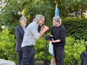 Director Fede Álvarez (at mic) presents a screenwriting award to Jason Reitman. At left is Gabriel Lerman, co-artistic director of the Mar del Plata International Film Festival.