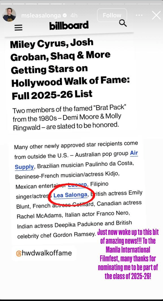 Lea Salonga is first Filipina to receive Hollywood Walk of Fame Star