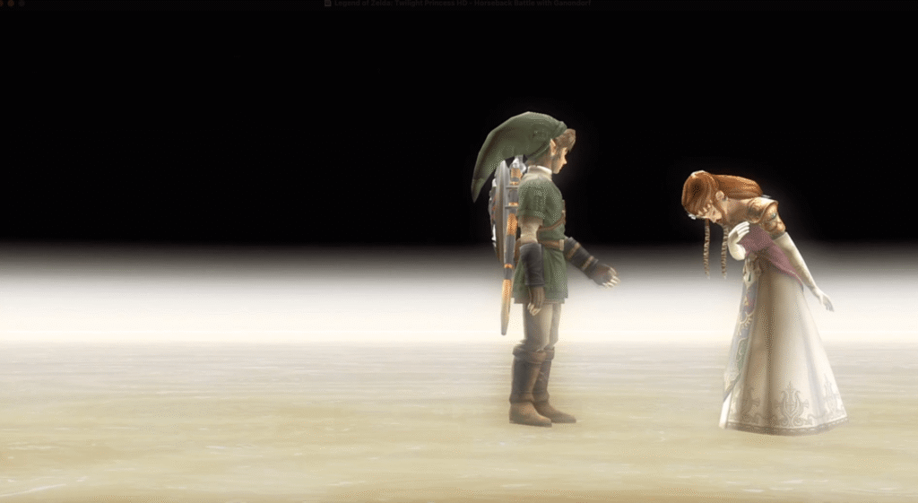 Zelda bows to Link in a black void at the end of Twilight Princess