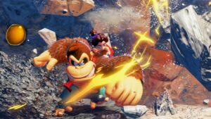 Screenshot from Donkey Kong Bananza featuring Donkey Kong punching rocks with a young Pauline hanging off his shoulder.