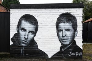 A Manchester mural by artist Snow Graffiti of Liam (left) and Noel Gallagher of Oasis