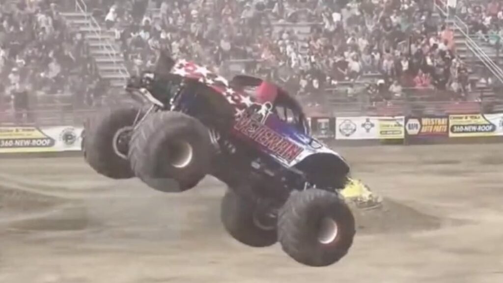 Rogue monster truck wheel destroys cars in parking lot after event goes awry