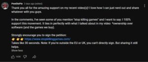 PewDiePie encourages his viewers to sign the Stop Killing Games petition.