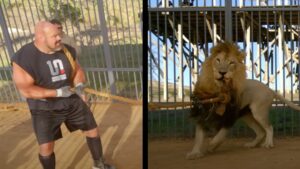 Strongman plays tug of war with a lion in latest MrBeast video