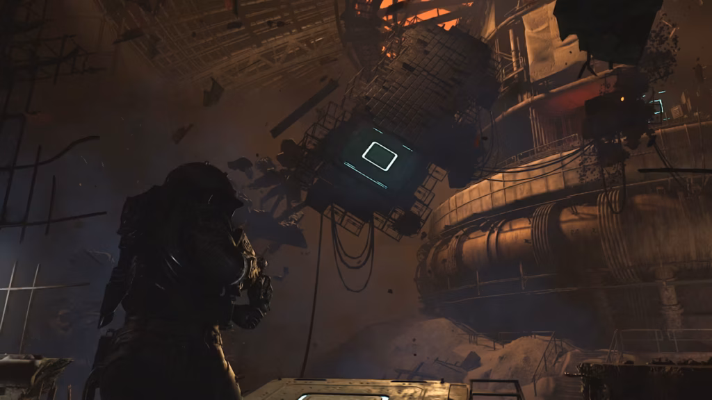 Screenshot from Cronos: The New Dawn featuring a person in a bulky space suit walking in dimly lit partially destroyed space station with debris hanging from the ceiling