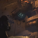 Screenshot from Cronos: The New Dawn featuring a person in a bulky space suit walking in dimly lit partially destroyed space station with debris hanging from the ceiling