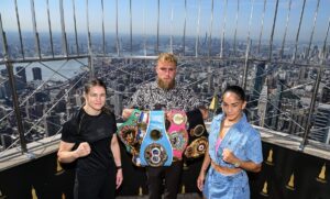 Katie Taylor, left, and Amanda Serrano with Jake Paul, co-Founder of Most Valuable Promotions, on the 86th floor Observatory of the Empire State Building, in New York, USA, to kick off Taylor v Serrano 3 fight week ahead of their undisputed super lightweight championship fight that will take place at Madison Square Garden in New York on Friday, 11th July.