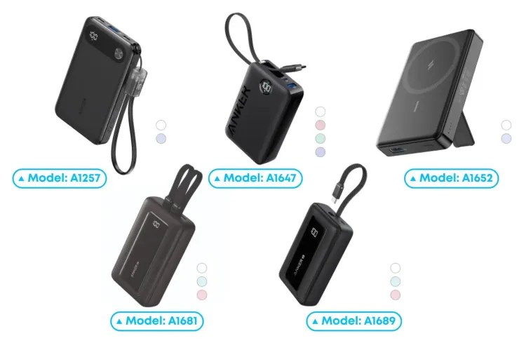 Five Anker power bank models: A1257, A1647, A1652, A1681, and A1689.