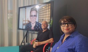 L-R Uta Briesewitz on screen,  Jörg Widmer, Anita Elsani at the Munich International Film Festival, July 1, 2025