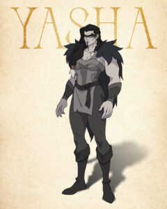 Yasha from Critical Role’s The Mighty Nein Prime Video show. Yasha is an Aasimar Barbarian with huge muscles, fur cloak and black face markings.