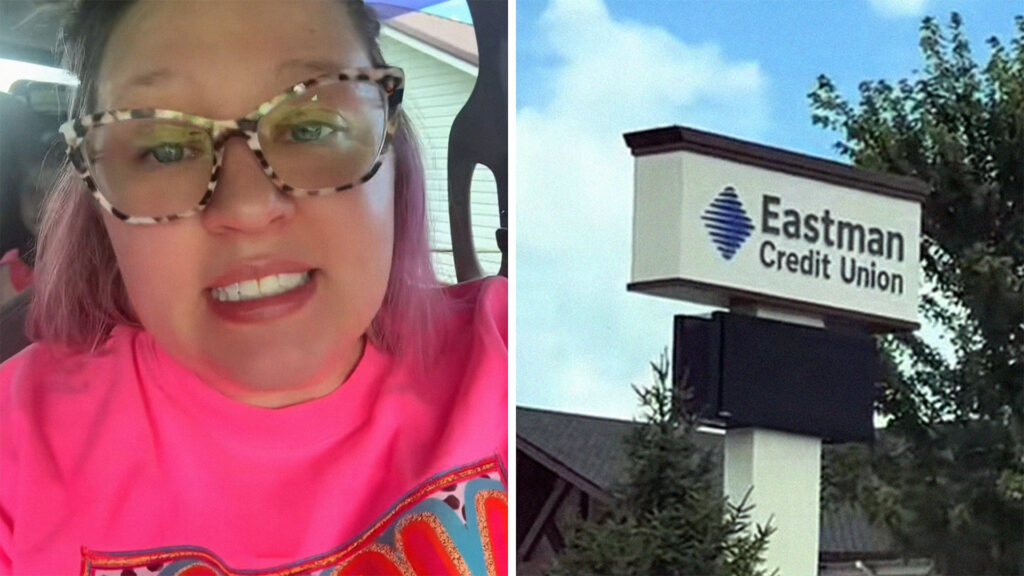 Woman shares experience at Eastman Credit Union(l) Sign for Eastman Credit Union(r)