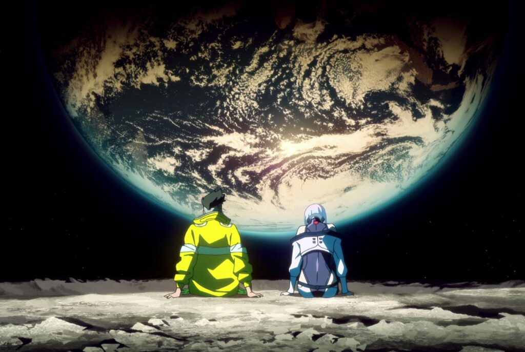 Two characters of Cyberpunk: Edgerunners sitting on the moon looking at the Earth rising