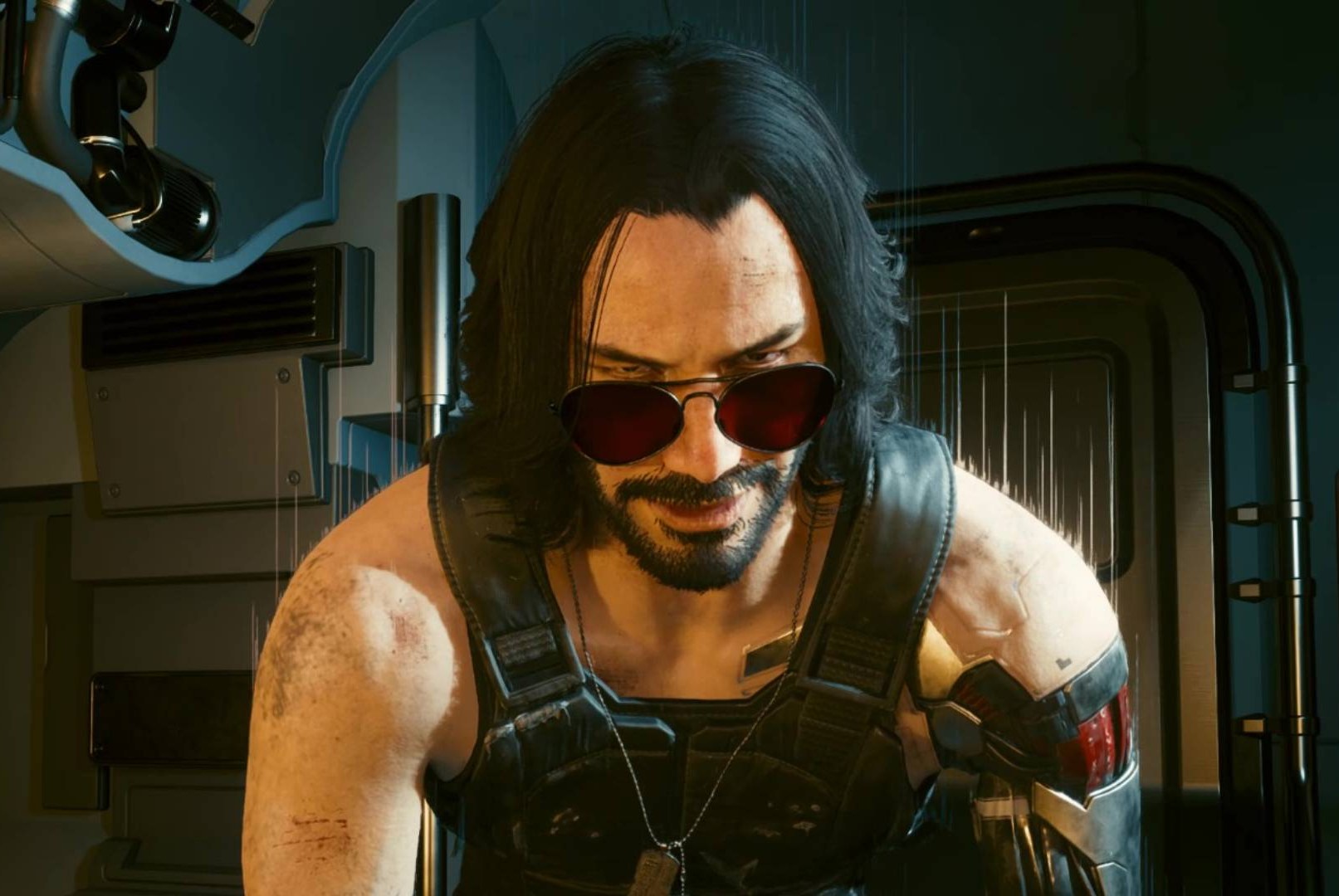 Johnny Silverhand stares intensely at V during one of the Cyberpunk 2077 Phantom Liberty endings.