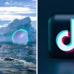 People entering portal in Antarctica with monster swimming in waters(l) TikTok Logo(r)