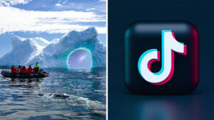 People entering portal in Antarctica with monster swimming in waters(l) TikTok Logo(r)
