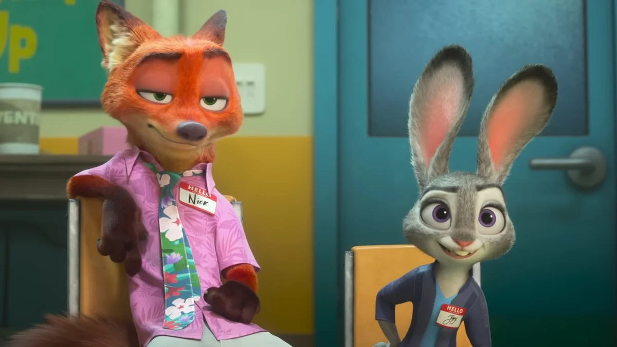 Nick Wilde and Judy Hopps sitting on chaires at therapy in Zootopia 2