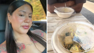 woman inside of her car(l) Woman at a date with a man(r)