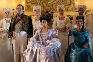 L to R: Hugh Sachs as Brimsley, Golda Rosheuvel as Queen Charlotte, Adjoa Andoh as Lady Agatha Danbury