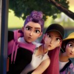 Three female characters from "K-pop Demon Hunters."