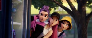 Three female characters from "K-pop Demon Hunters."