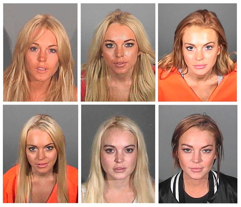 Collage of six mugshots of Lindsay Lohan.