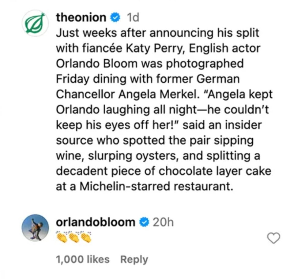 Screenshot of a satirical news article about Orlando Bloom dining with Angela Merkel.