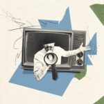 Stylized illustration of a man shouting through a megaphone, emerging from a television screen.