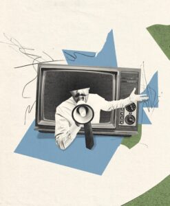 Stylized illustration of a man shouting through a megaphone, emerging from a television screen.