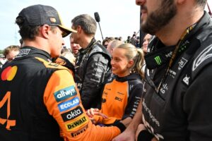 Lando Norris celebrates his Formula 1 race win.