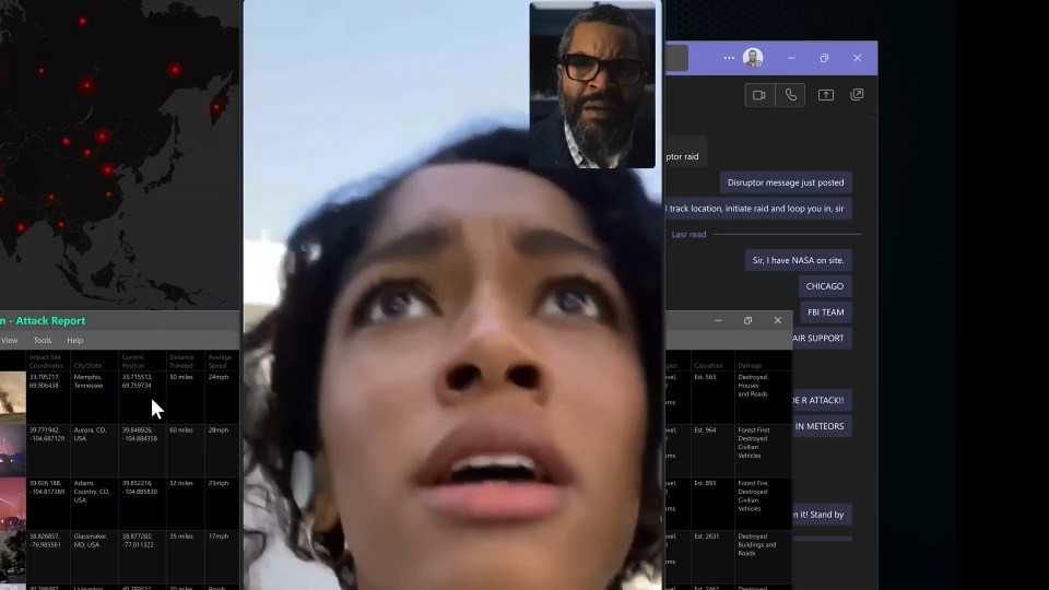 Screenshot of a video call showing a person looking up at the sky, a map showing meteor impacts, and a chat log discussing a response.