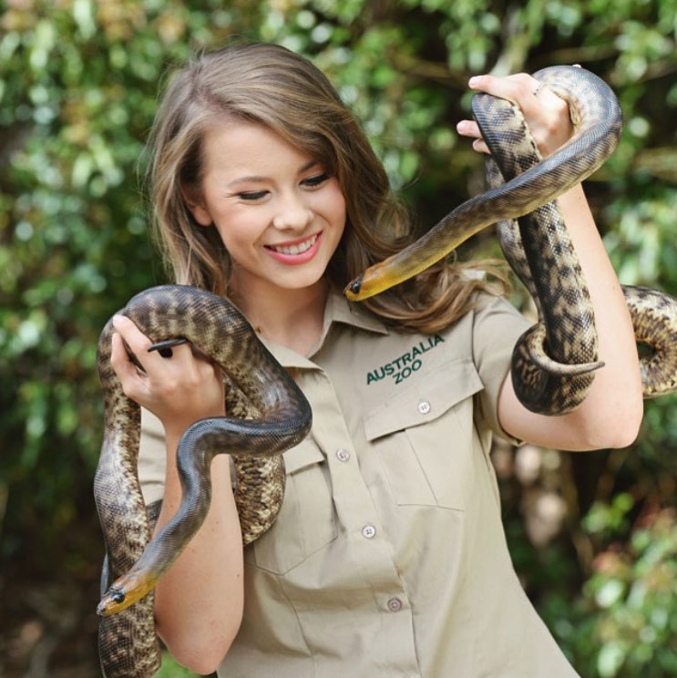 Bindi Irwin holding two snakes.