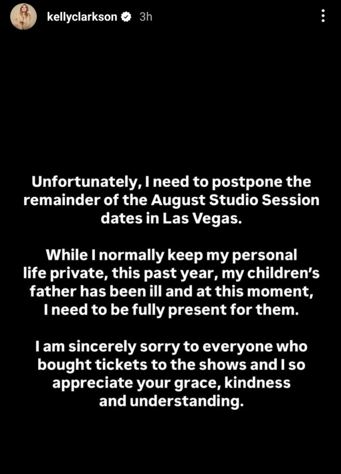 Kelly Clarkson's statement postponing her August Las Vegas shows due to family illness.