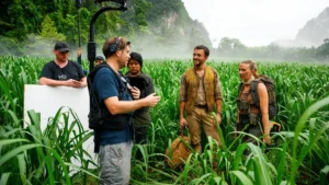 image of gareth edwards with jonathan bailey and scarlett johansson behind the scenes of jurassic world rebirth