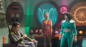 Paul Wesley, Jess Bush, and Melissa Navia in the Star Trek: Strange New Worlds episode A Space Adventure Hour.