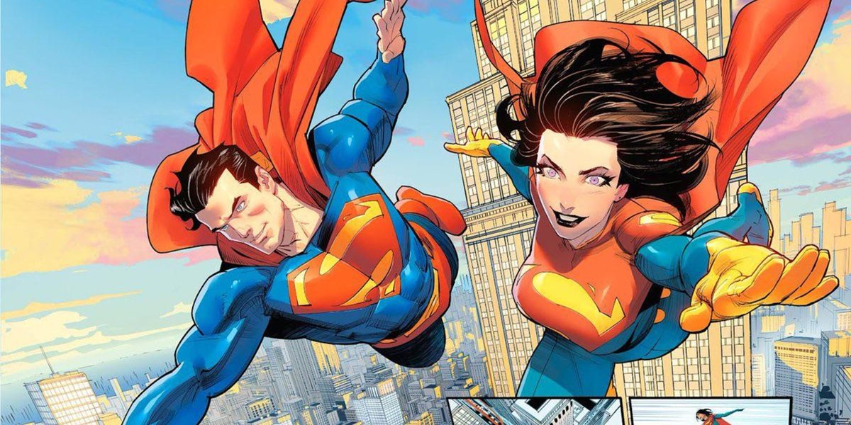 Superwoman Lois Lane flies alongside her husband Superman.