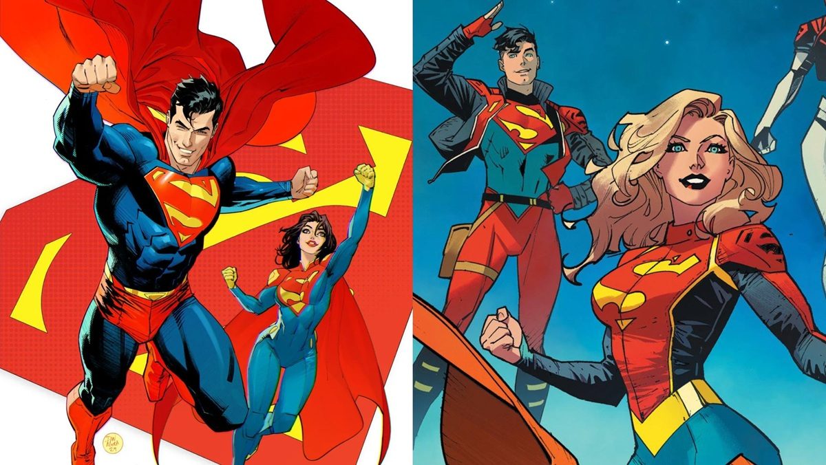 Superman, Superwoman, Superboy, and Supergirl in DC Comics. Art by Dan Mora.