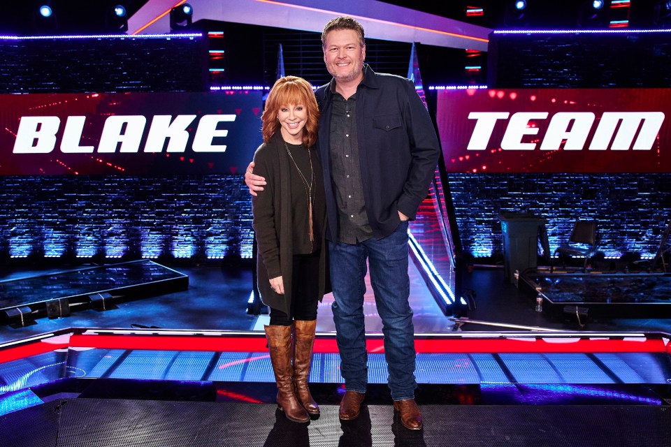 Reba McEntire and Blake Shelton on The Voice set.