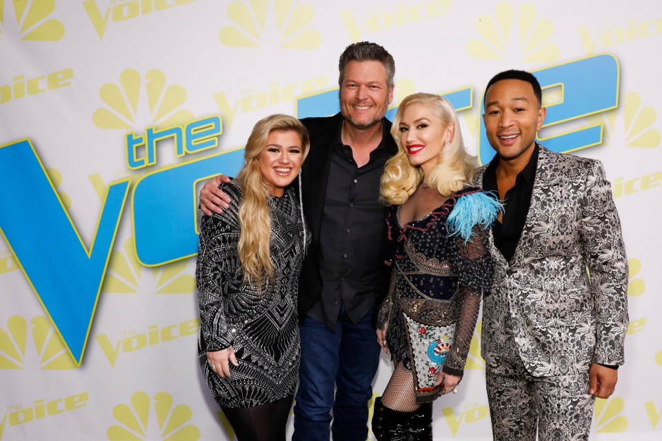 Photo of Kelly Clarkson, Blake Shelton, Gwen Stefani, and John Legend at The Voice.