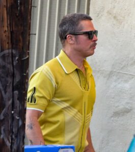 Brad Pitt arrives for another day of filming 'The Adventures of Cliff Booth' in Los Angeles.