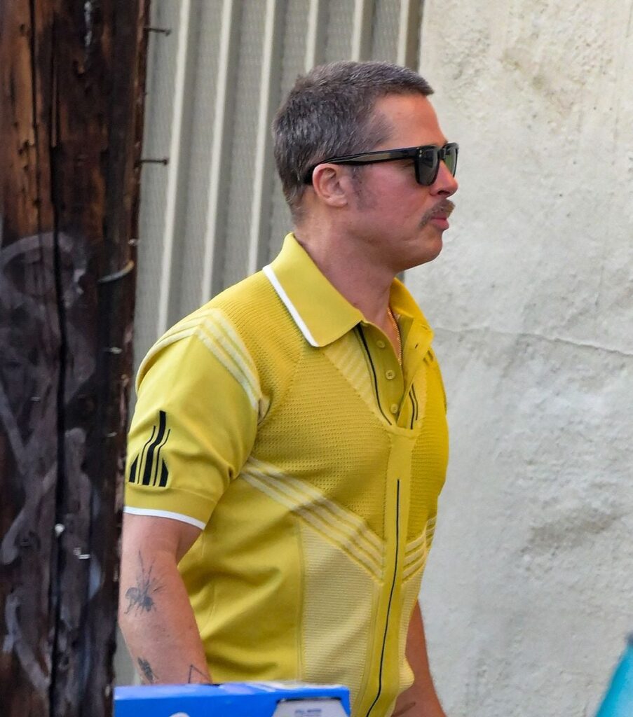 Brad Pitt arrives for another day of filming 'The Adventures of Cliff Booth' in Los Angeles.