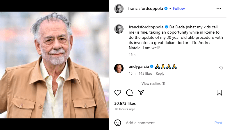 Francis Ford Coppola's social media post announcing his health update.