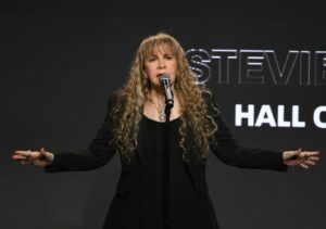 Stevie Nicks speaking at the Pollstar Awards.