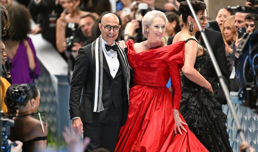 Stanley Tucci and Meryl Streep are seen on the set of 'The Devil Wears Prada 2' at American Museum of Natural History