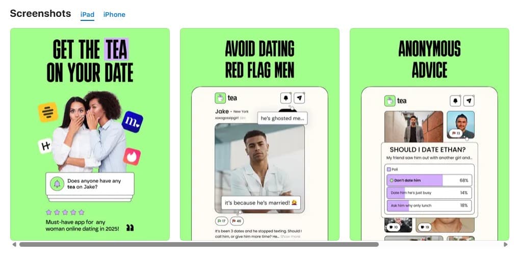 Screenshots from the Tea app on Apple's App Store.