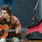 Timothée Chalamet on the set of 'A Complete Unknown' movie in 2024